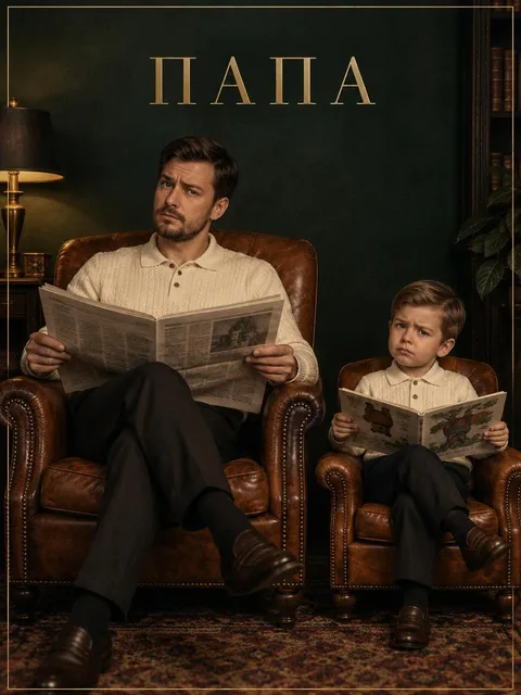 Мужская открытка «ПАПА»: папа и сын в одинаковых креслах