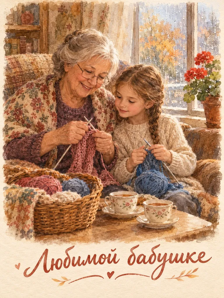 Открытка: Акварель: бабушка учит вязать