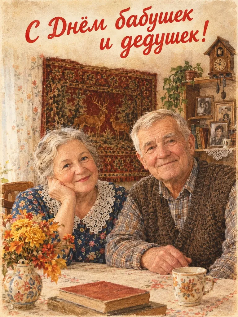 Советская открытка: бабушка и дедушка дома