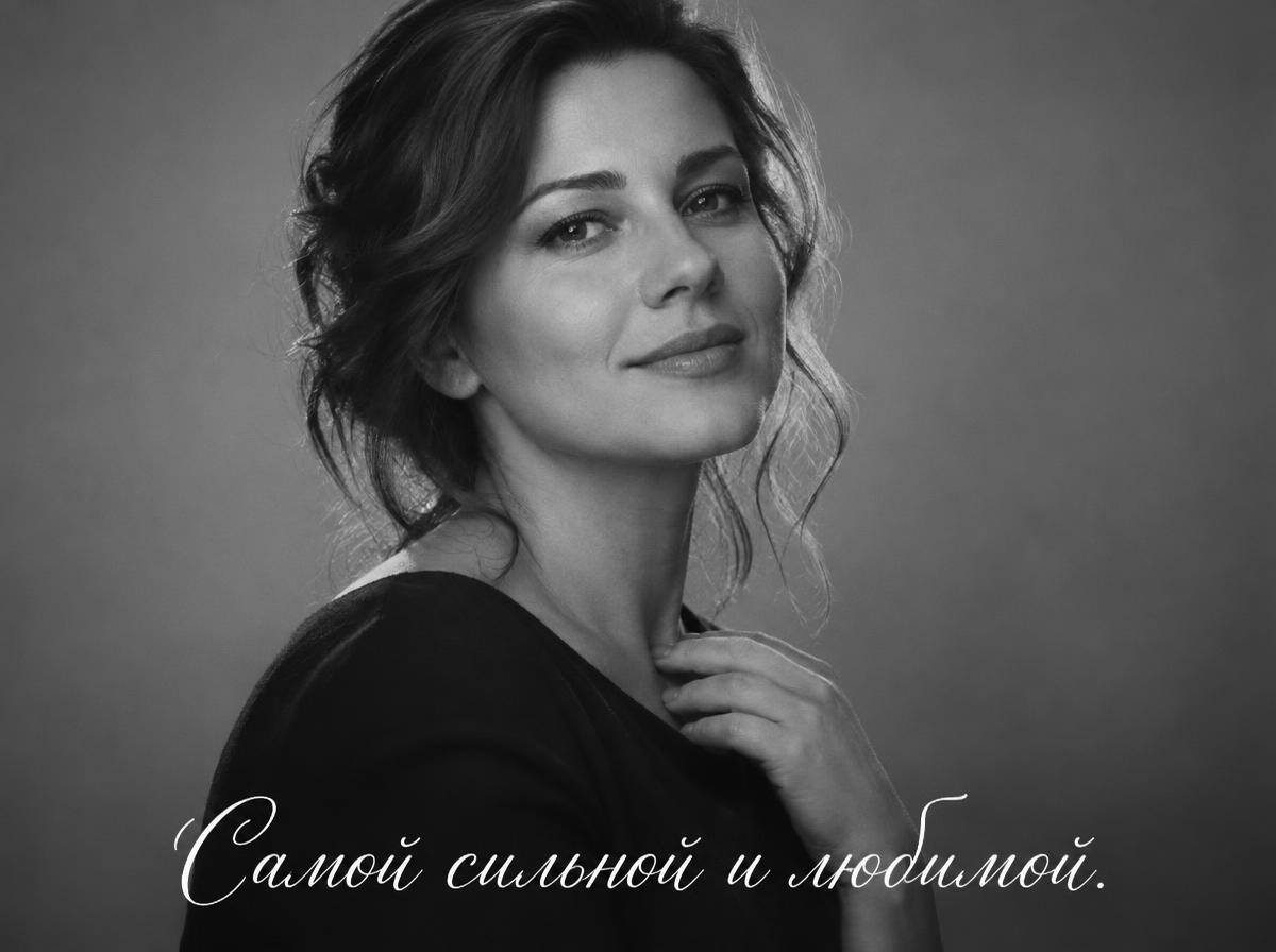 Чёрно-белый портрет мамы с надписью «Самой сильной и любимой»