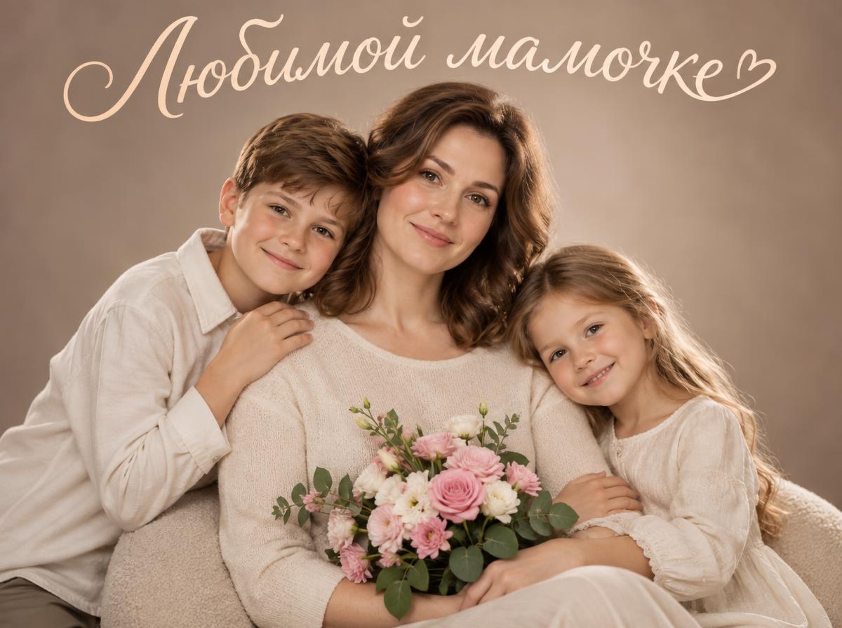 Открытка: дети обнимают маму, надпись «Любимой мамочке»