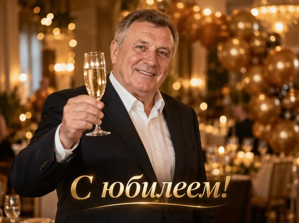Открытка с юбилеем мужчине: юбиляр поднимает бокал, золотая надпись «С юбилеем!»