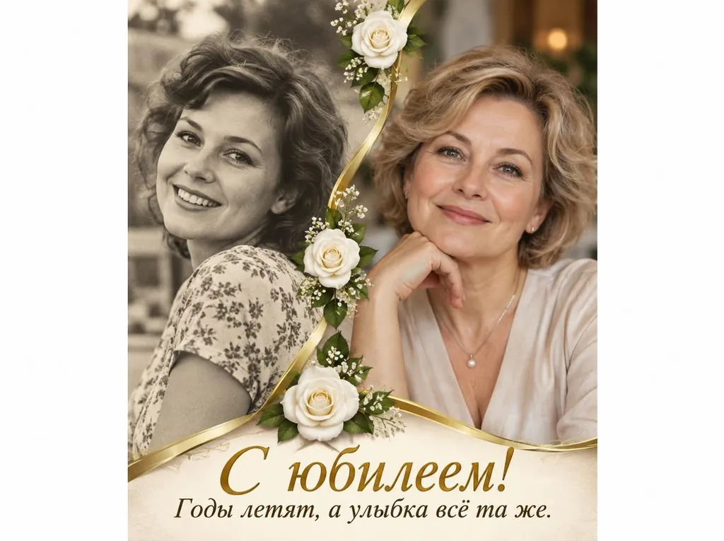 Открытка «Тогда и сейчас»: юбилярша в молодости и сегодня, надпись «С юбилеем! Годы летят, а улыбка всё та же»