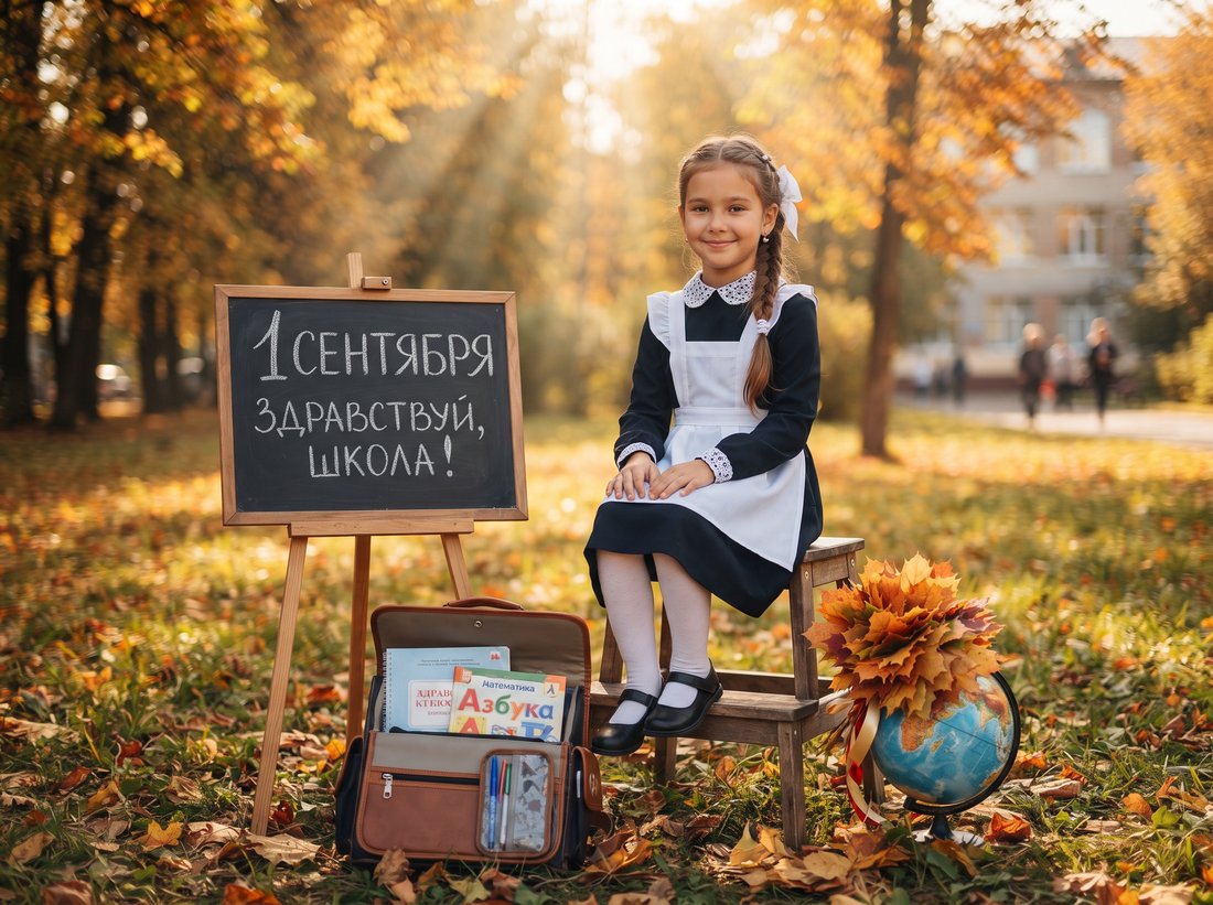 Открытка на 1 сентября — Доска в осеннем парке