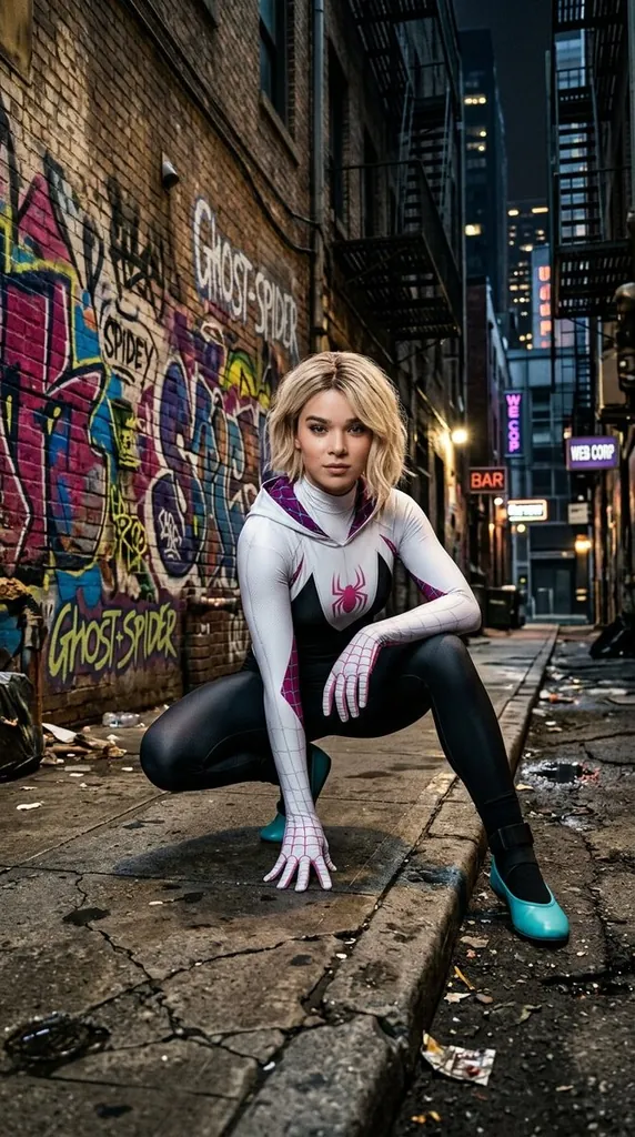 Образ Гвен: девушка в костюме Ghost-Spider в ночном переулке