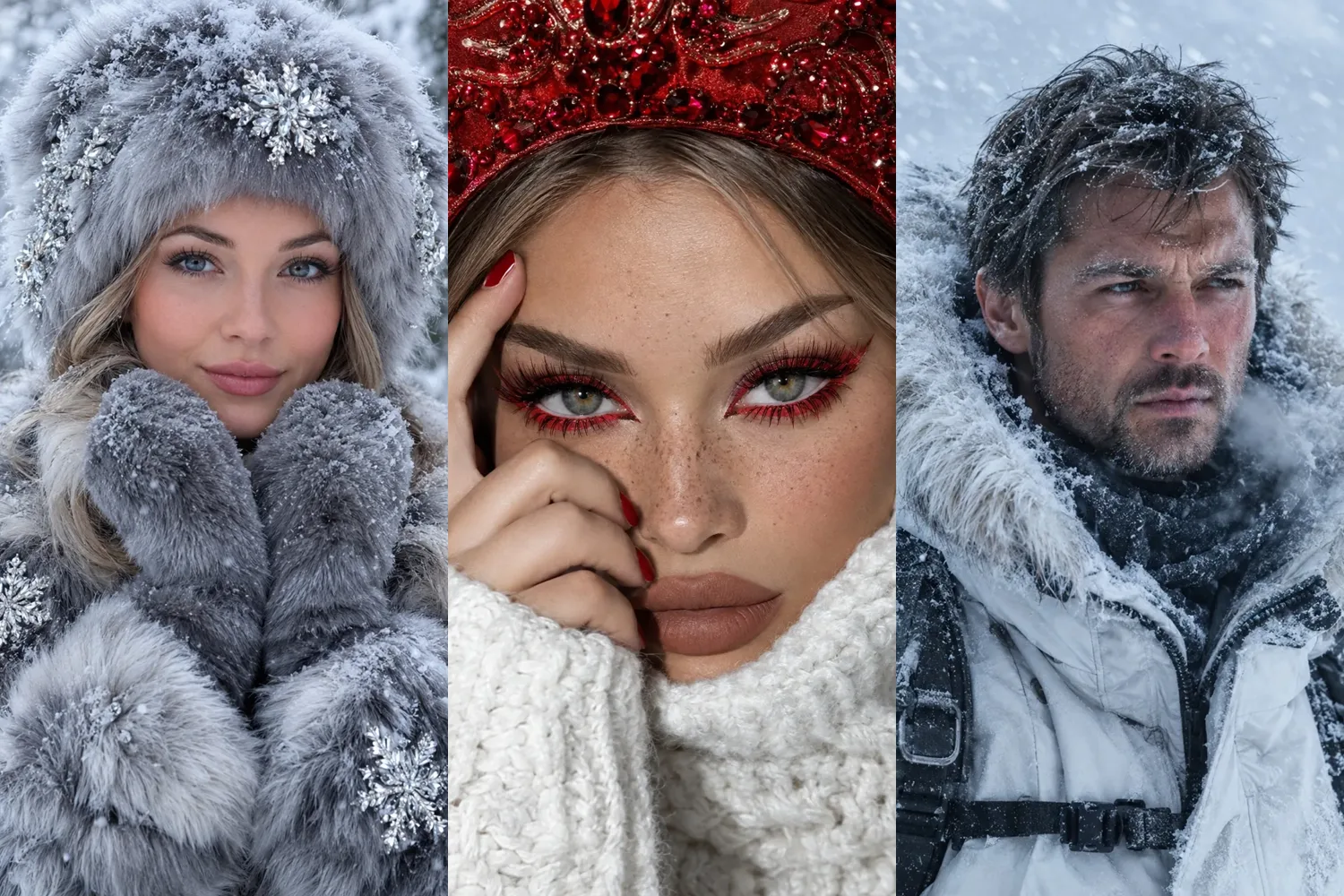 Новогодние аватарки по фото: девушка в меховой шапке в снегопад, Снегурочка в кокошнике, мужчина-полярник